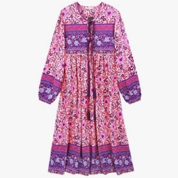 R. Vivimos Paisley‎ Boho Floral Midi Dress size Small 4/6 tie neck festive - Picture 3 of 14